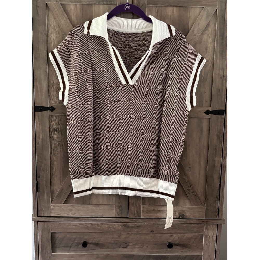 Saodimallsu Womens Sleeveless Sweater Vest Brown Chevron V Neck Polo Collar NWT